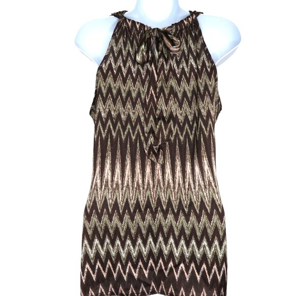 Womens Sleeveless Brown Chevron Blouse M Keyhole Tie Neck Loose Y2K Tank Top - Picture 6 of 10